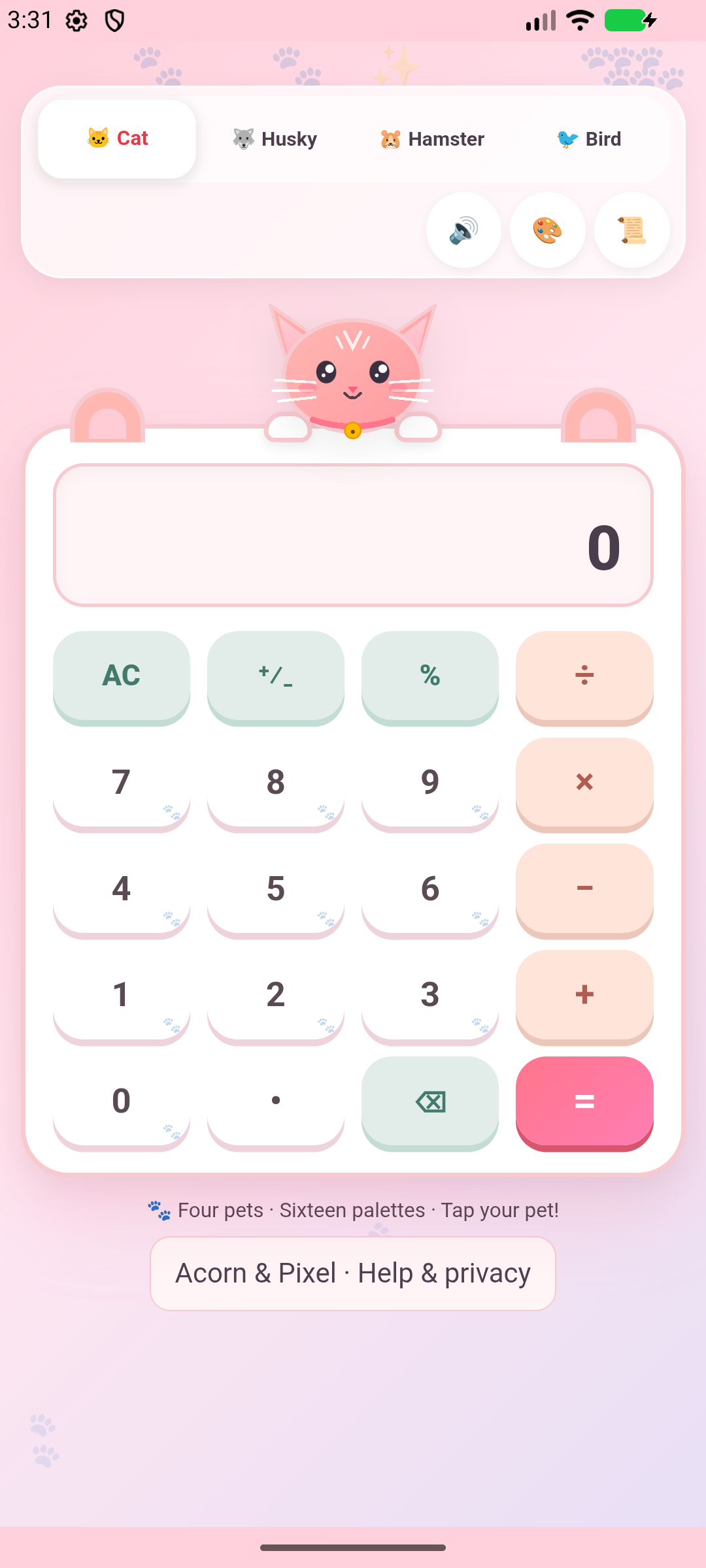 Petculator running on Android: a pink cat peeking over a pastel calculator with four pet choices