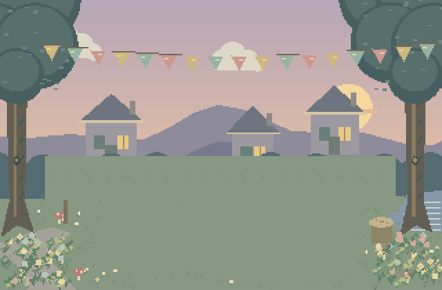 A pixel-art woodland at sunset, decorated for a picnic